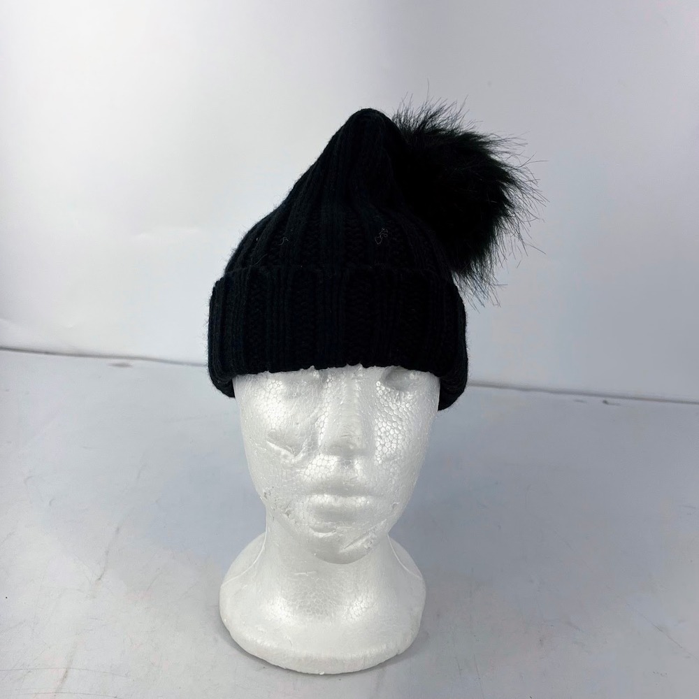 BP Nordstrom Black Ribbed Knit Faux Fur Pom Pom Cuffed Beanie Hat BPAQ4806HO24